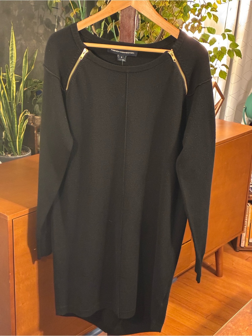French Connection Black Long-Sleeve Knit Dress with Gold Zipper Accents NWT